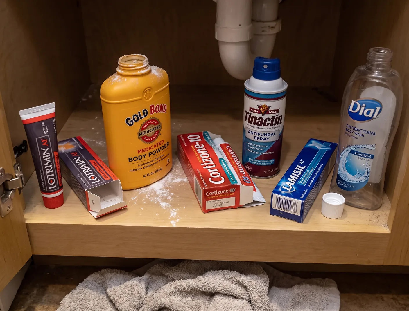 Bathroom shelf full of jock itch creams, powders and sprays