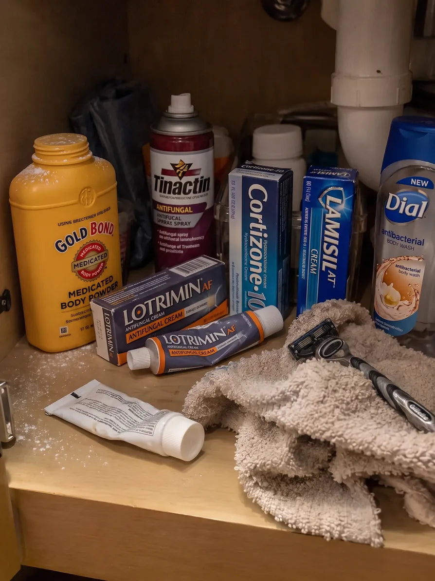 Bathroom shelf full of jock itch creams, powders and sprays