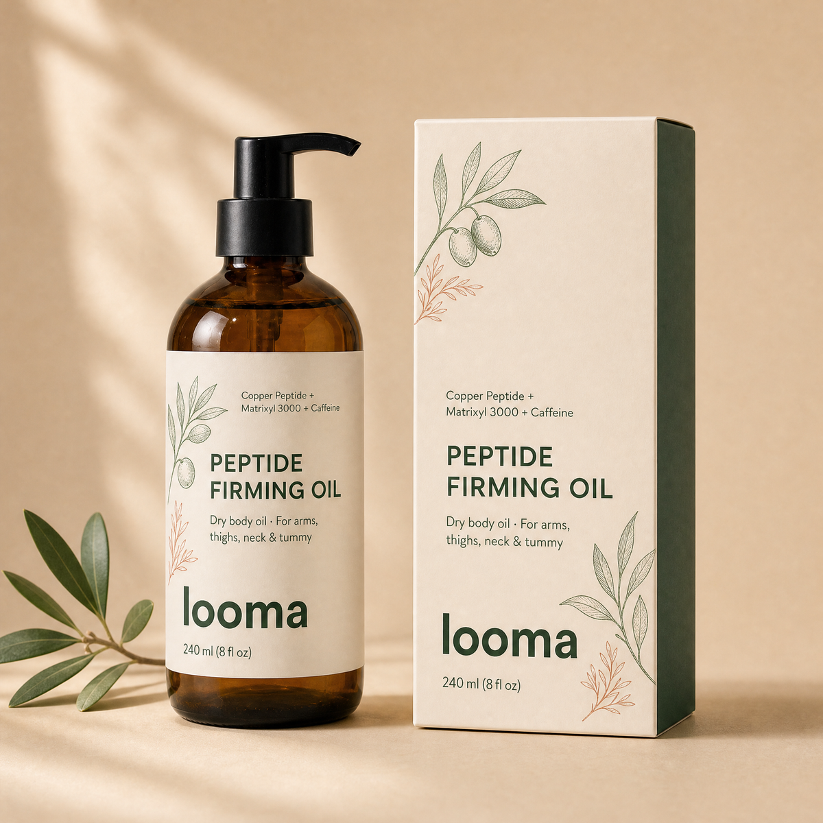 Looma Peptide Firming Oil, 240 ml bottle and box