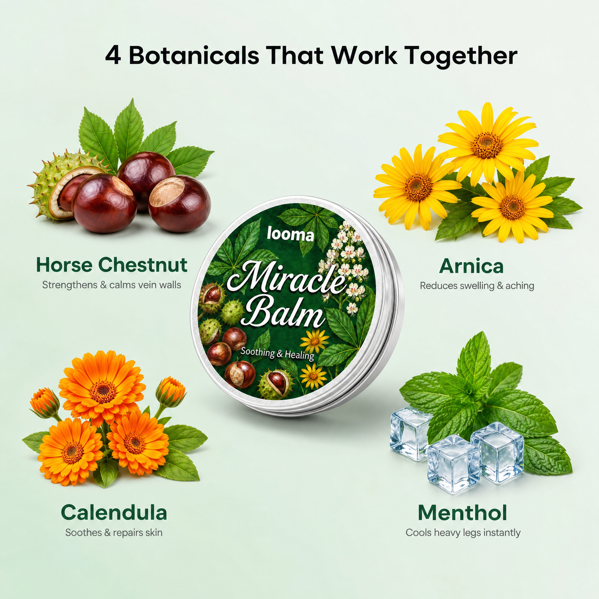 Horse chestnut, arnica, calendula and menthol