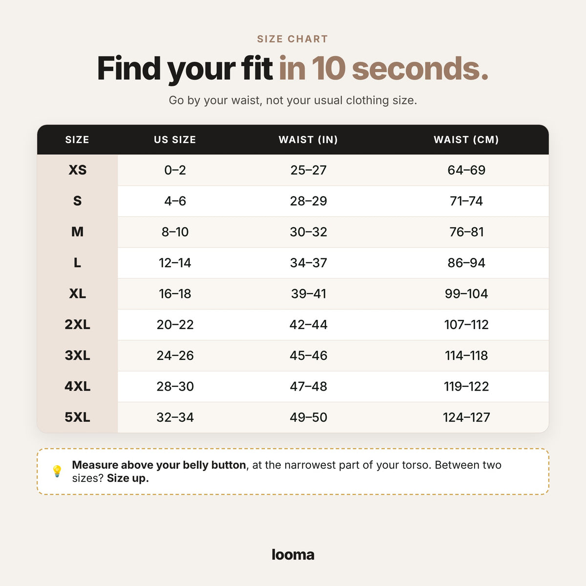Size chart XS to 5XL