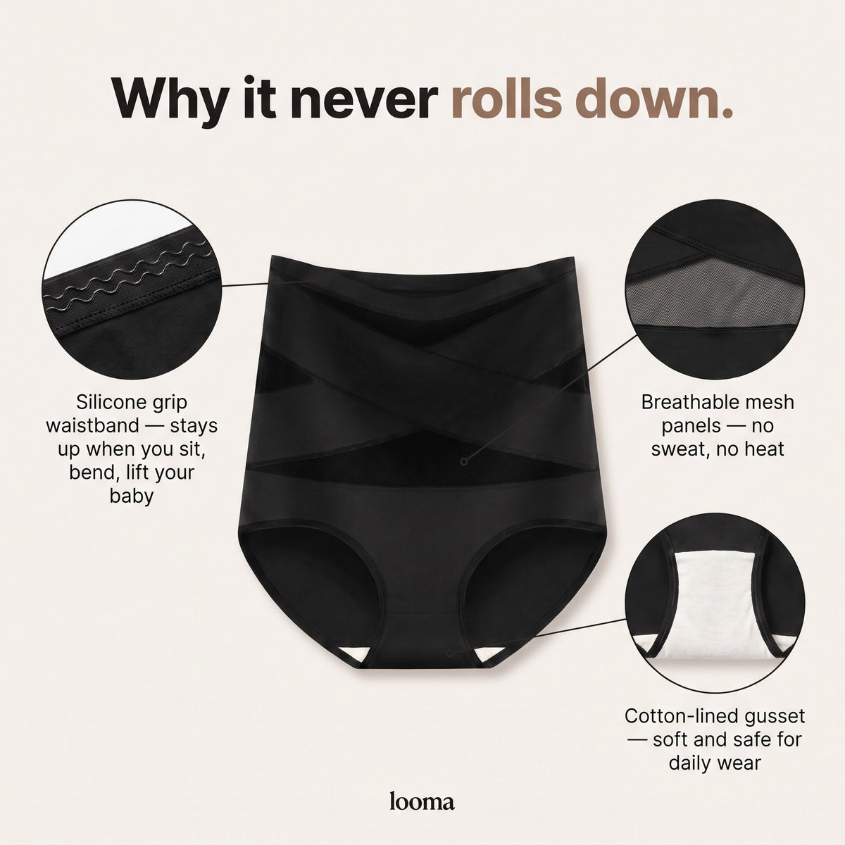Why it never rolls down — silicone grip, mesh, cotton gusset