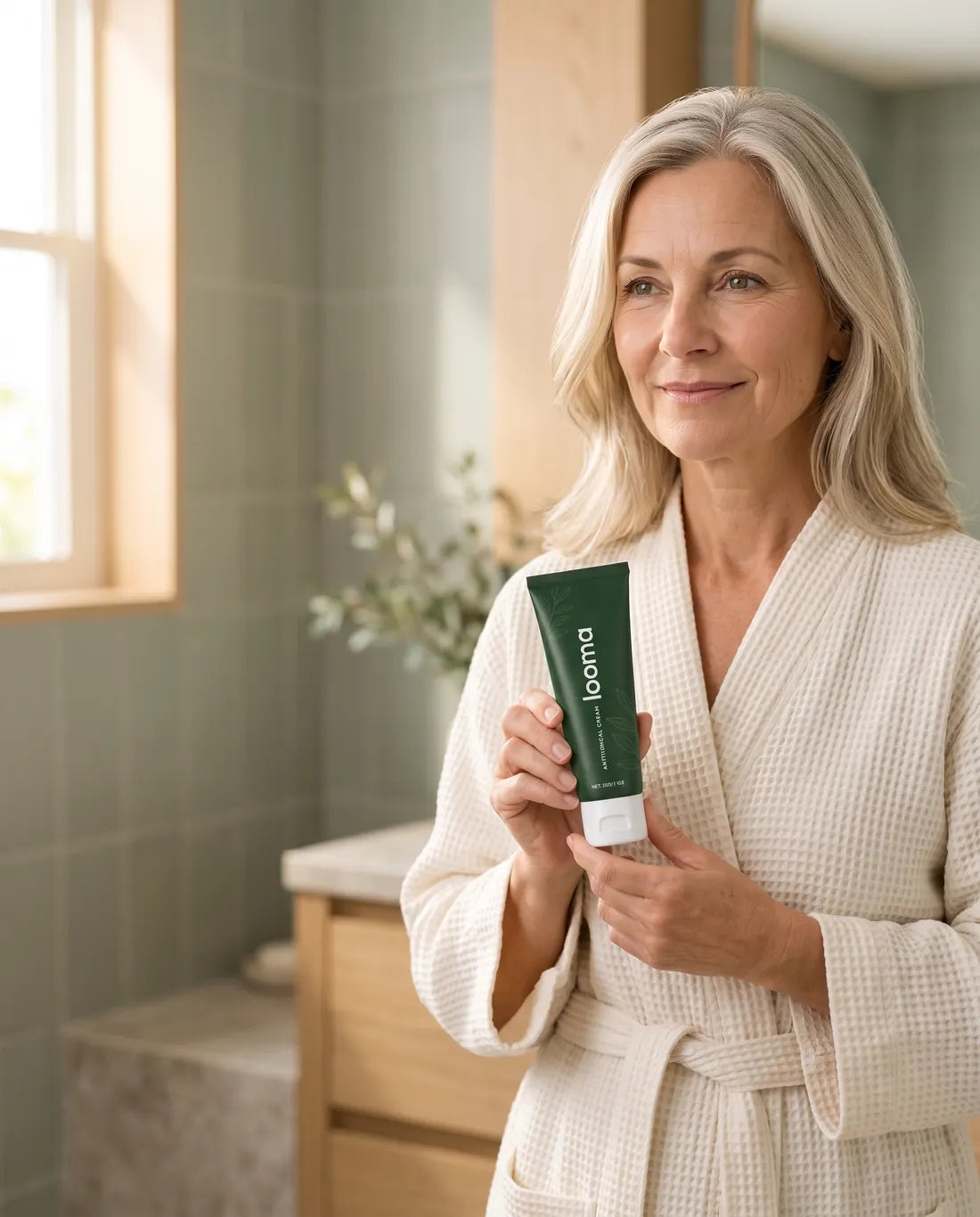 Woman in a bright bathroom holding a tube of Looma Antifungal Barrier Cream