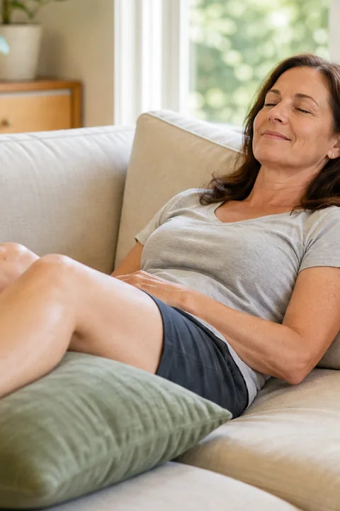 Woman resting with her legs up on a cushion