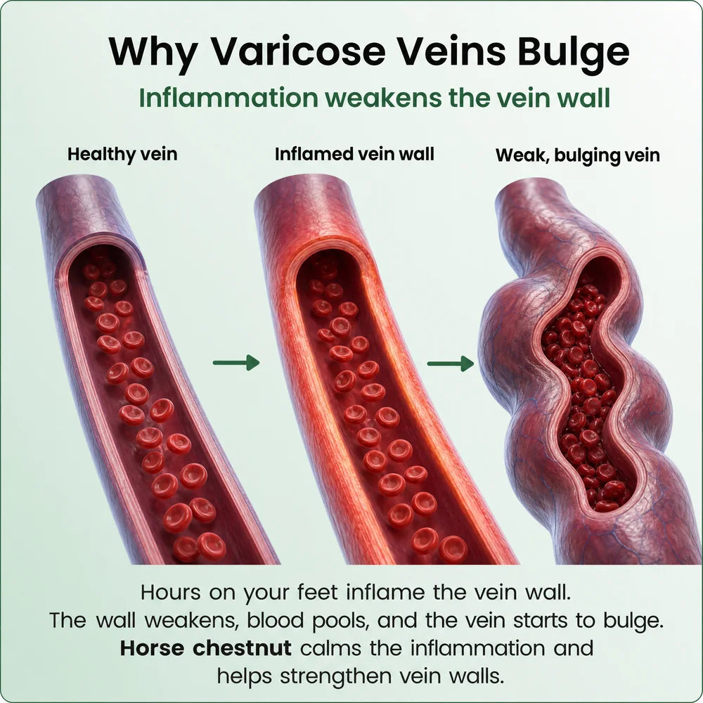 Healthy vein, inflamed vein wall, then a weak bulging vein