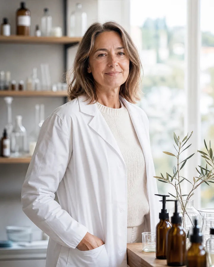 Dr. Claire Vernet, French pharmacist, in her formulation lab