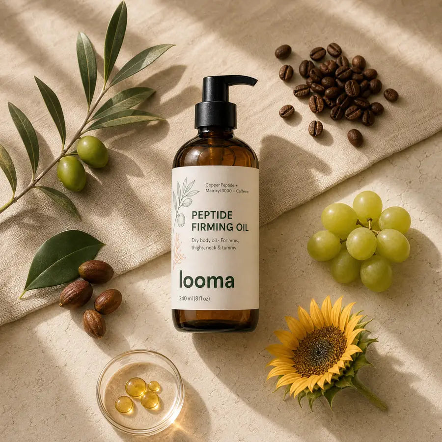 Looma Peptide Firming Oil with olive branch, coffee beans, grapes, jojoba and sunflower