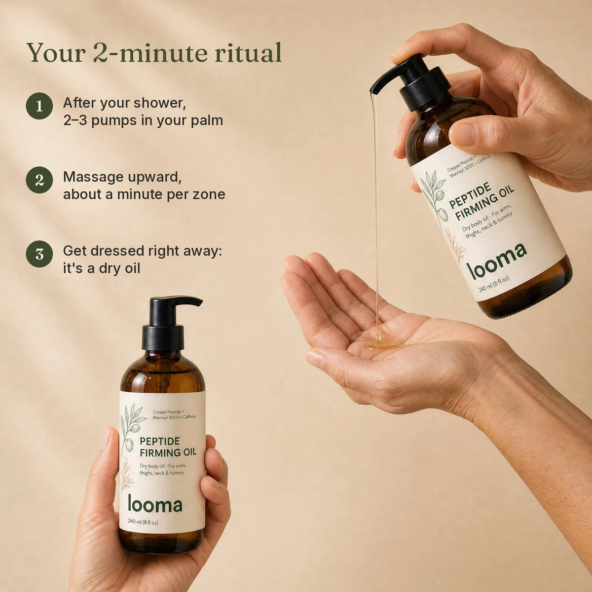 How to use: 2 to 3 pumps after the shower, massage upward, get dressed