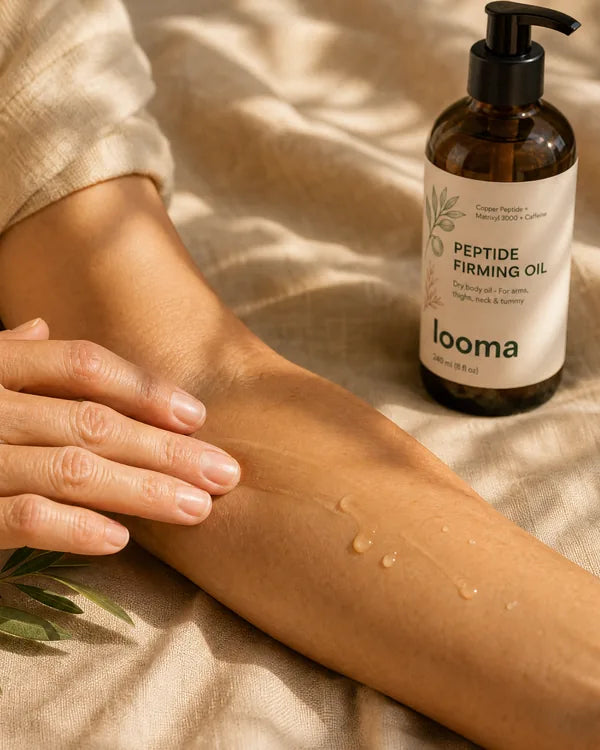 Drops of dry oil on a forearm
