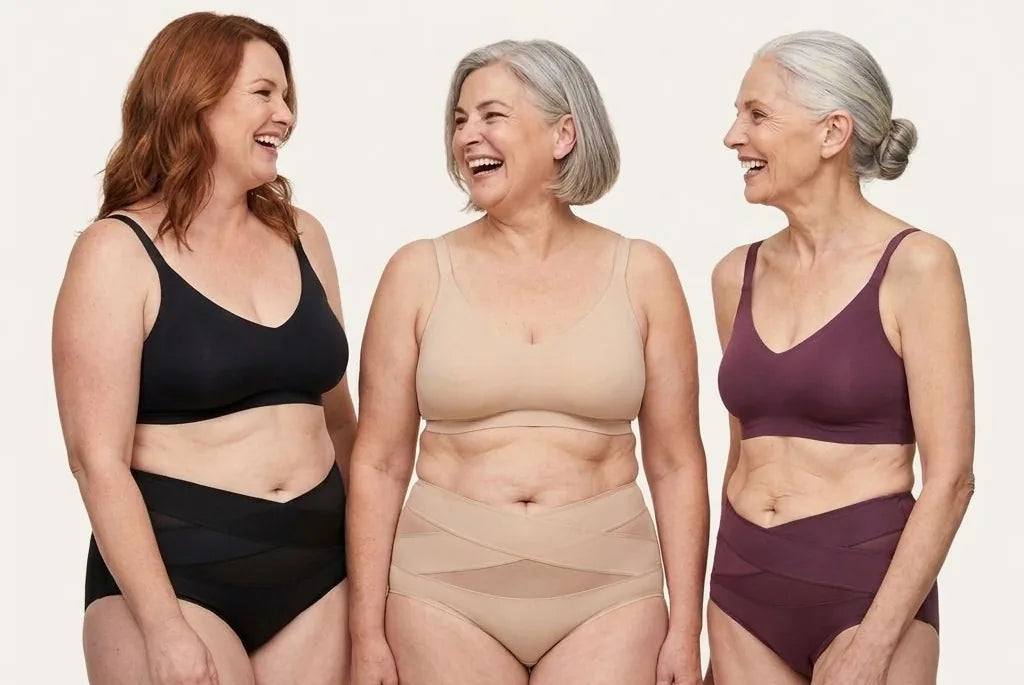 Three women in their 40s, 50s and 60s wearing the brief in black, beige and plum