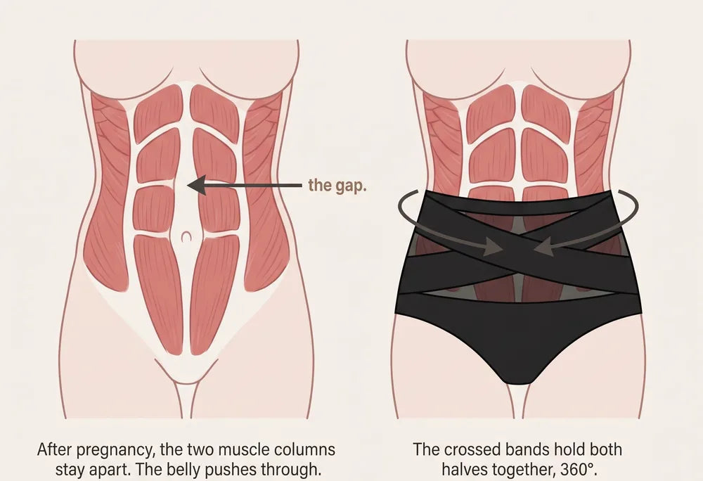 Diastasis: the two ab muscles stay apart after pregnancy; the crossed bands hold them back together