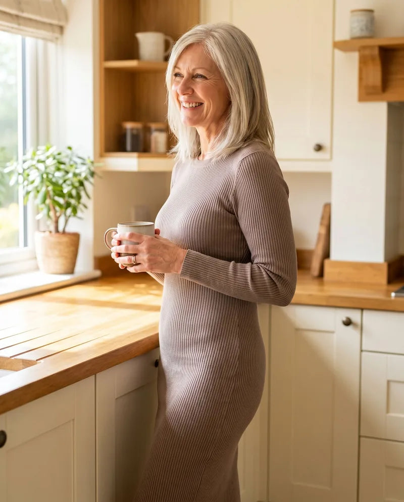 A woman in her 50s in a fitted ribbed dress, smooth flat belly line, morning coffee in her kitchen