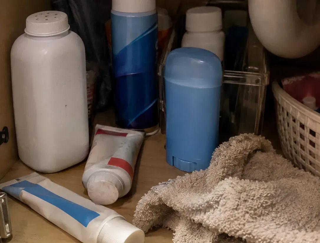 Bathroom cabinet full of powders, creams and deodorants