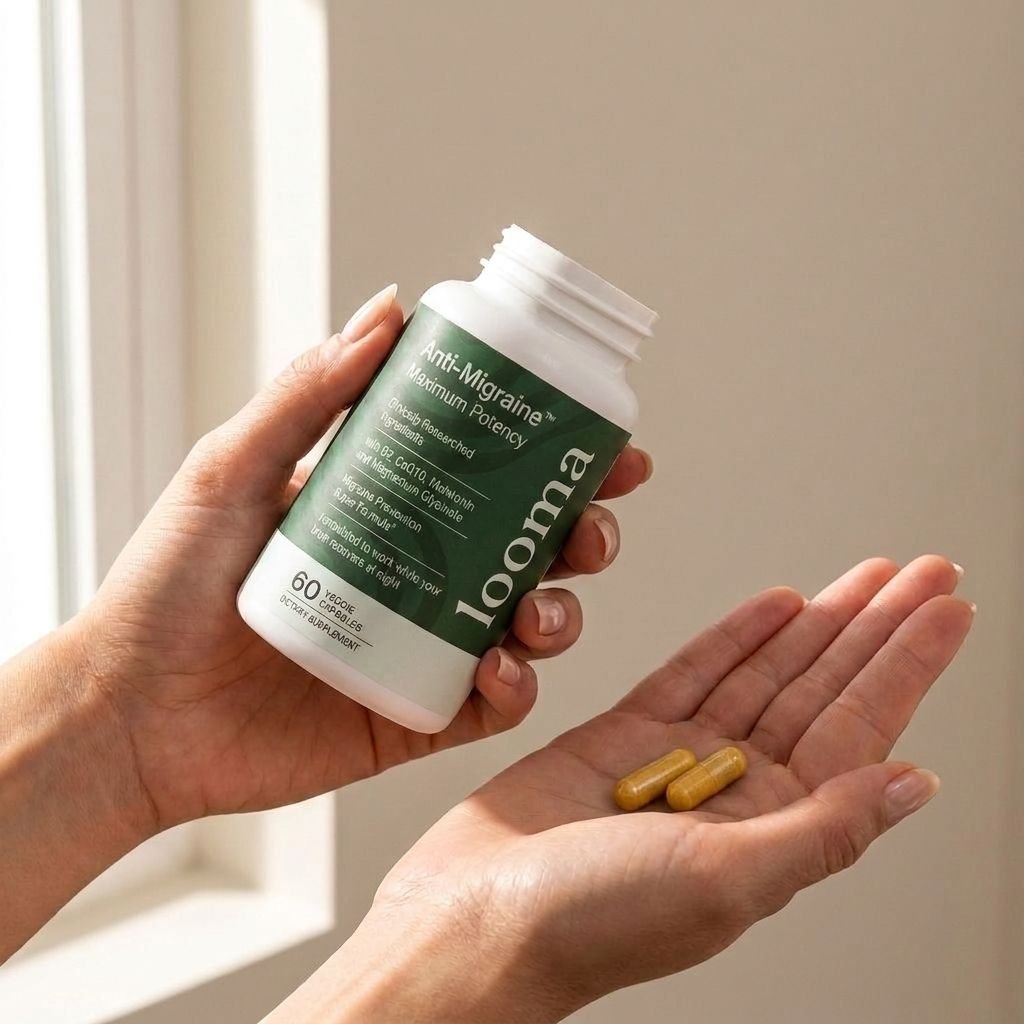 Hands holding a Looma Anti-Migraine bottle and two capsules