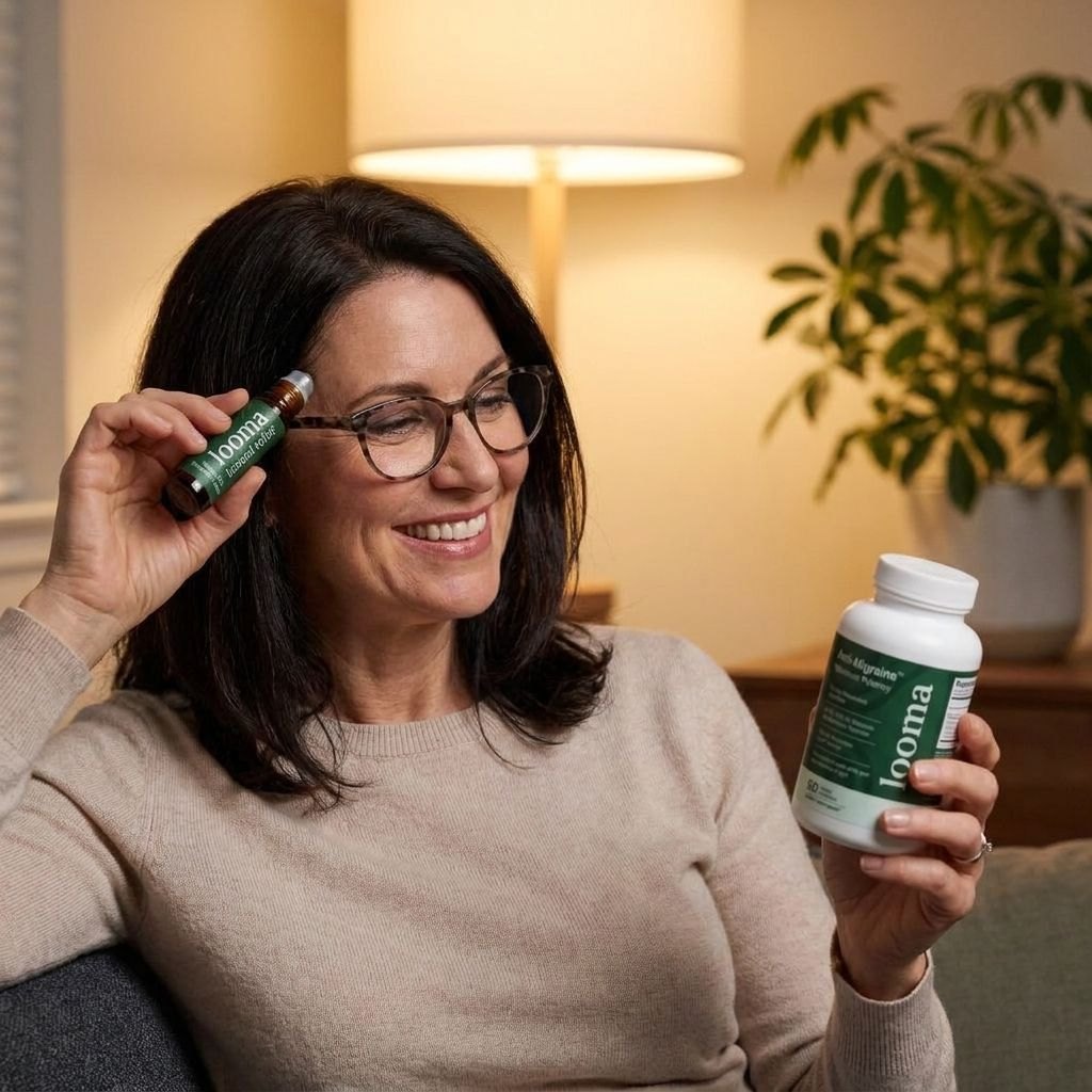 Woman holding Looma Anti-Migraine and the Instant Relief Roll-On