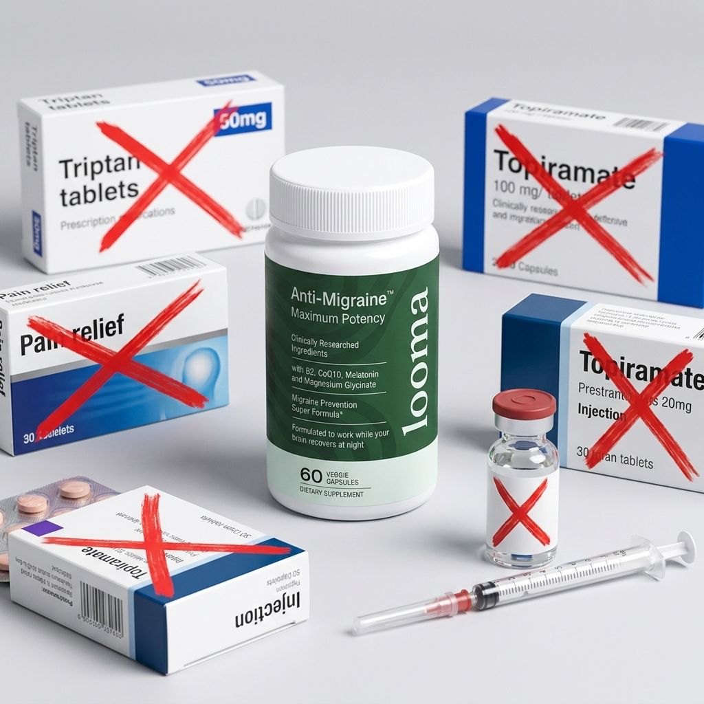Looma Anti-Migraine next to crossed-out migraine medications